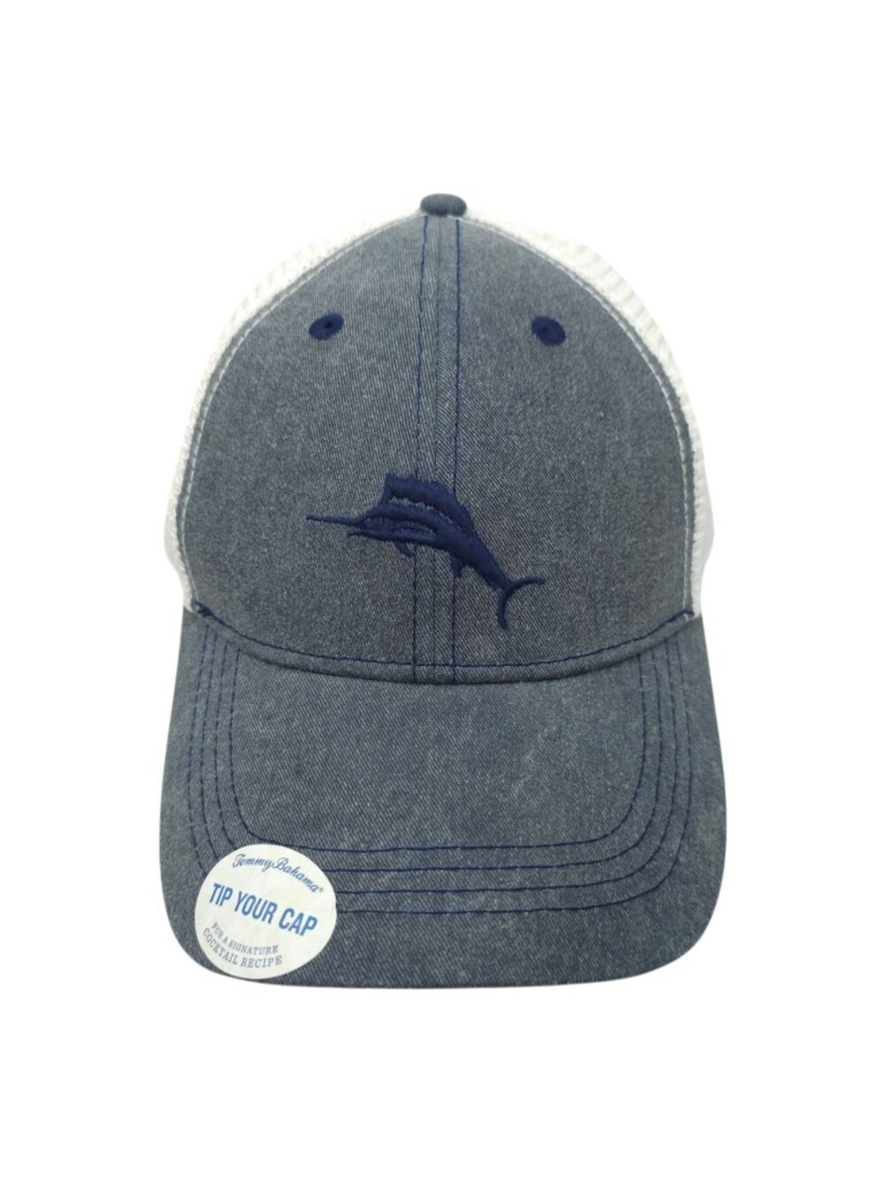 Tommy Bahama Mesh Trucker Hat OS Signature Cocktail Recipe Cap Gray Denim Blue
